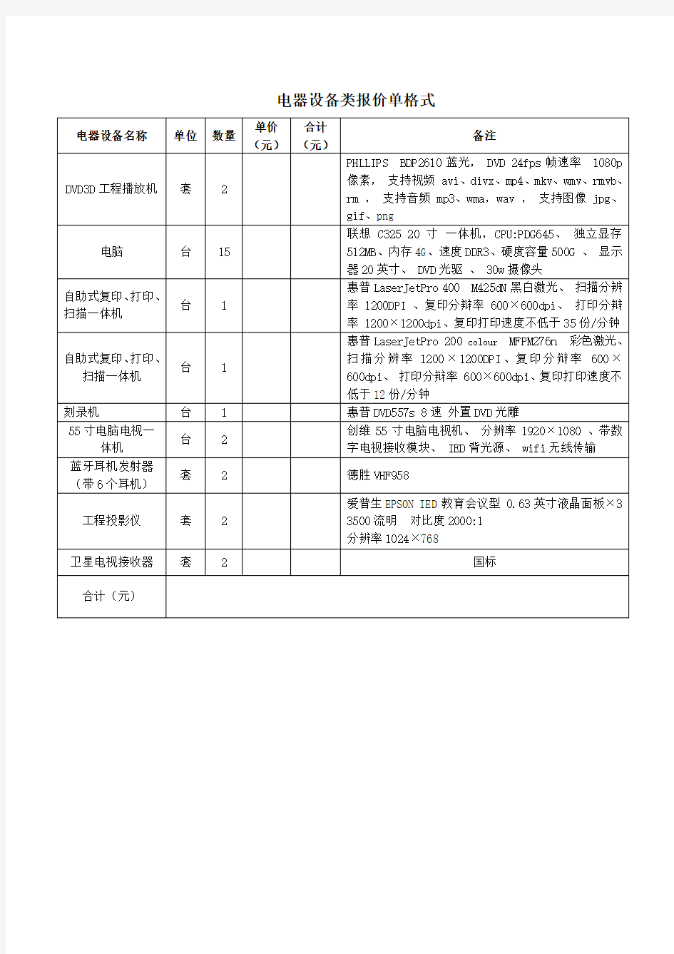 电器设备类报价单格式