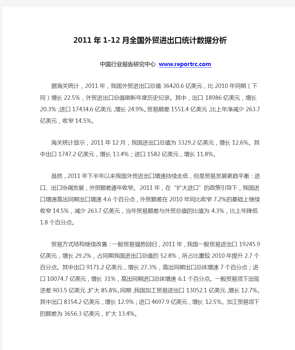 2011年1-12月全国外贸进出口统计数据分析