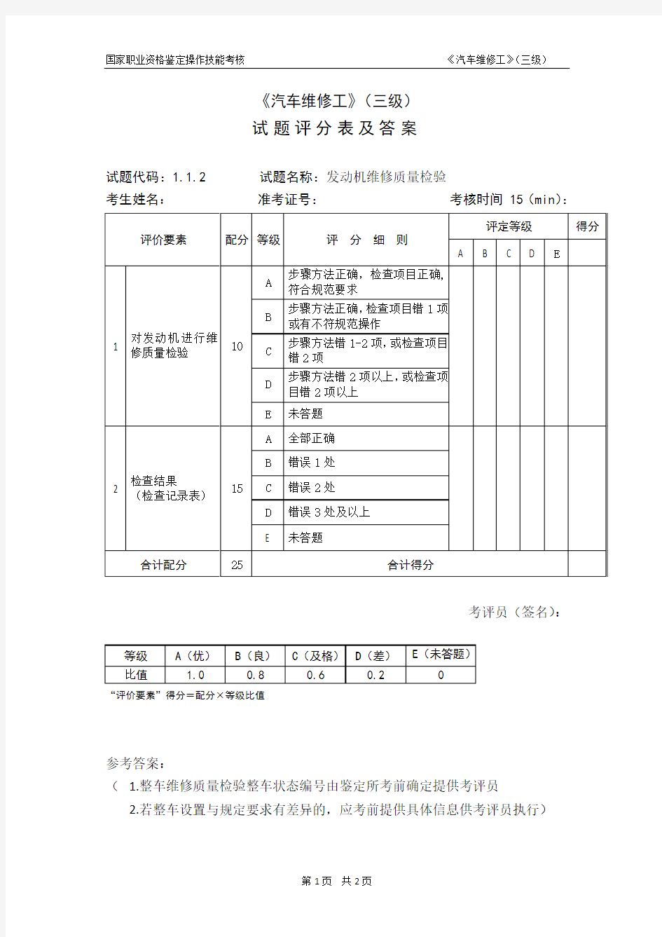 汽车维修工_3级_操作技能鉴定1.1.2试题评分表及答案