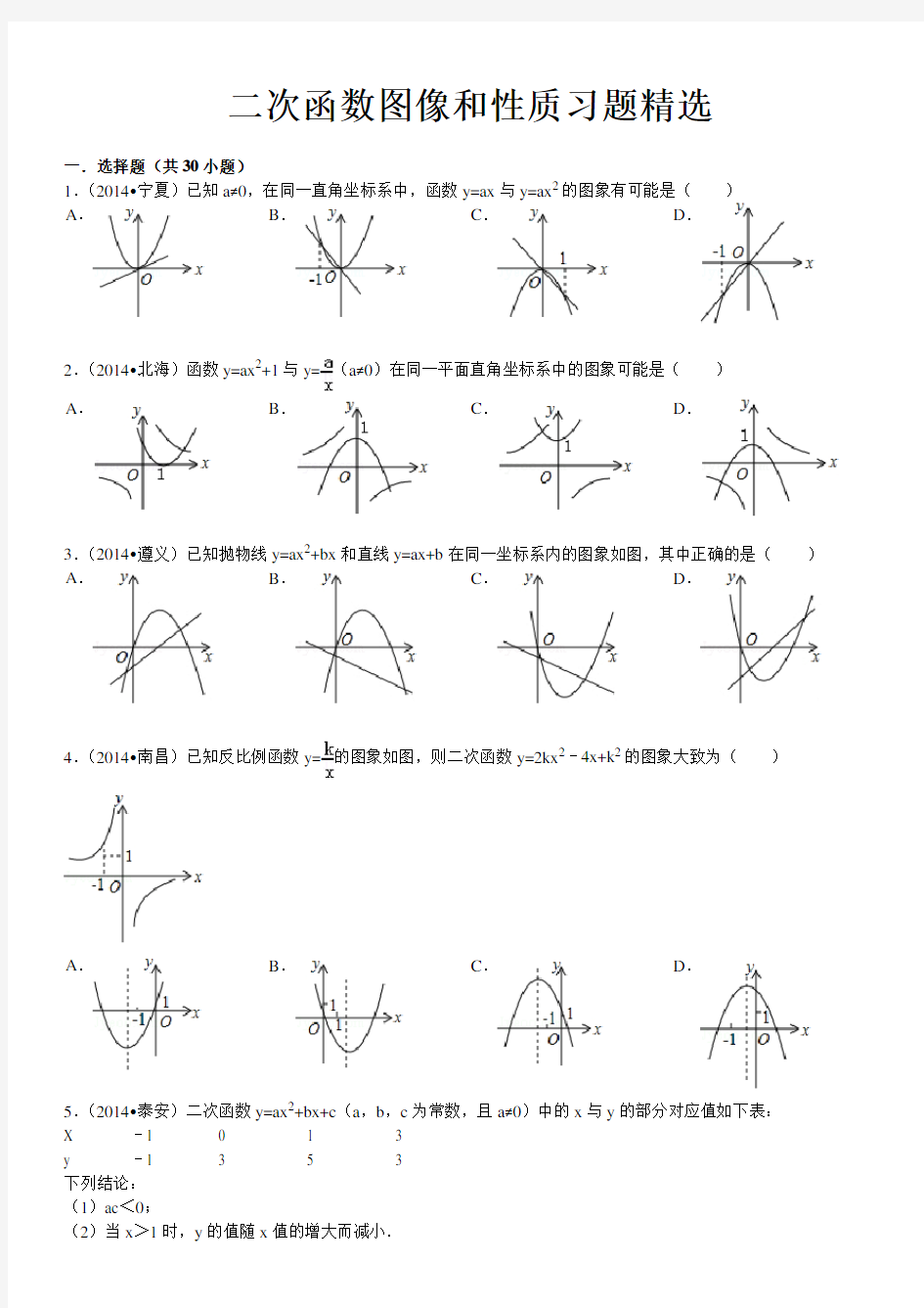 二次函数图像和性质习题精选(含答案)