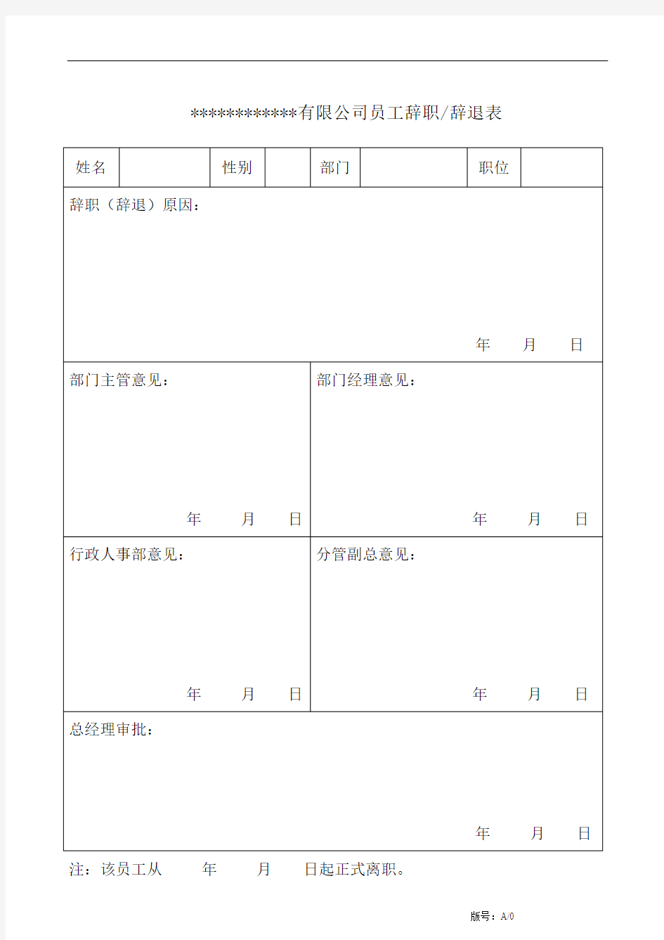 辞职表(离职移交表)