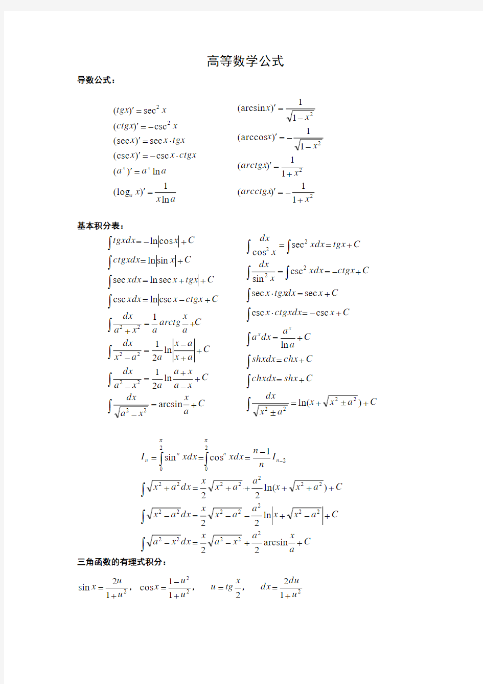 积分变换中非常有用的公式