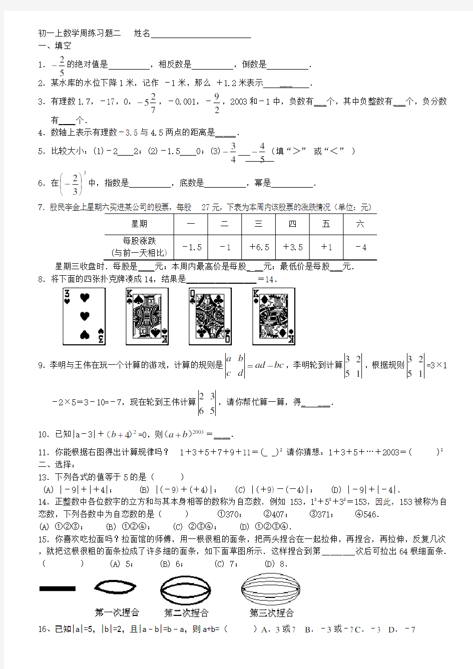 新人教版初一上数学有理数拓展提高练习题