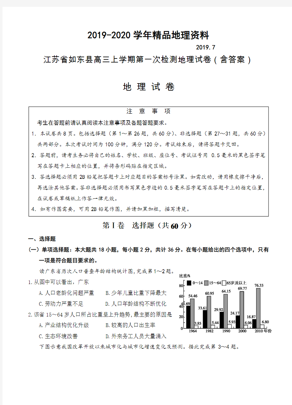 2019-2020学年江苏省如东县高三上学期第一次检测地理试卷(含答案)
