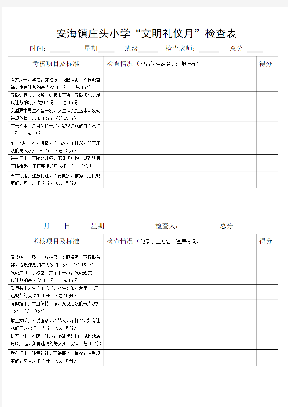 学生一日常规检查表(文明礼仪)