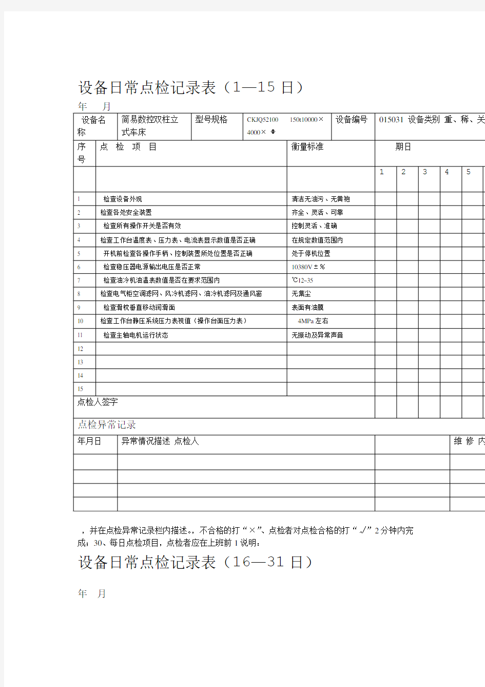 设备日常点检表模板