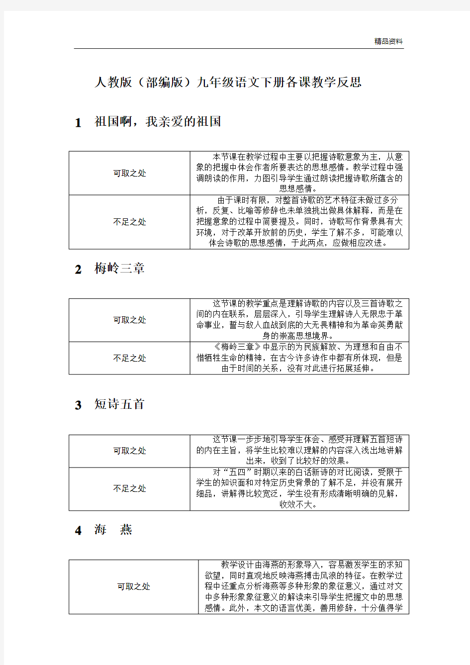 人教部编版九年级语文各课教学反思.doc