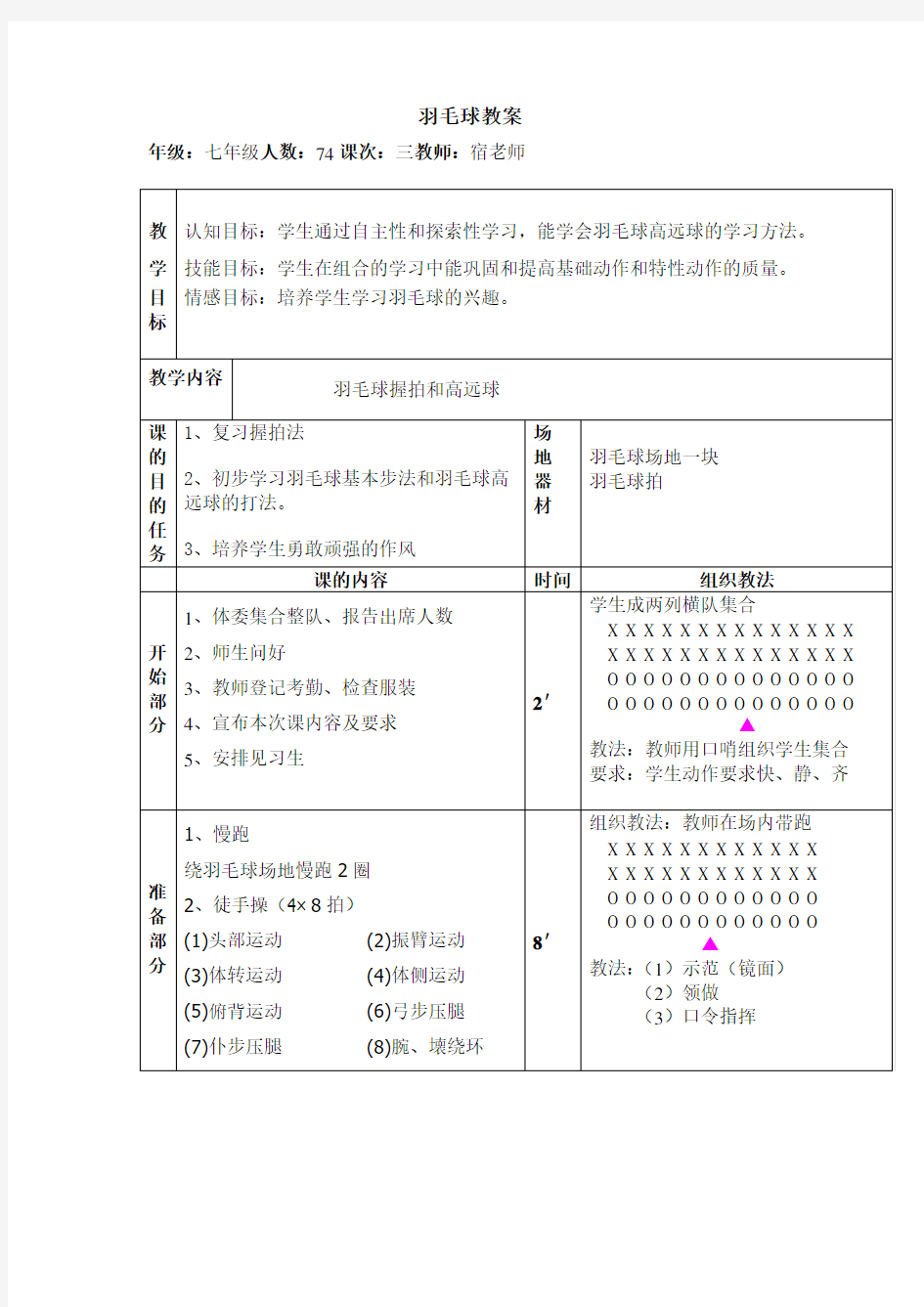 最新初中羽毛球课教案