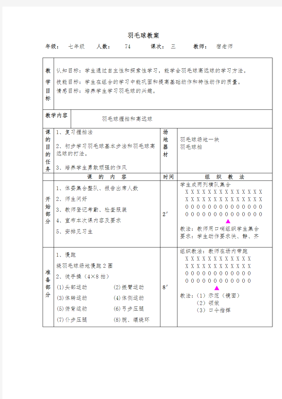 初中羽毛球课教案