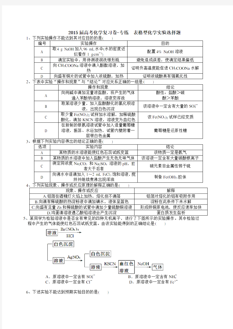 高考表格型化学实验选择题