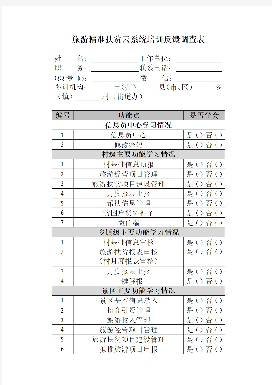 系统培训反馈调查表