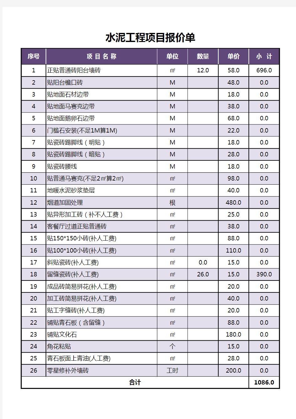 水泥工程项目报价单Excel模板