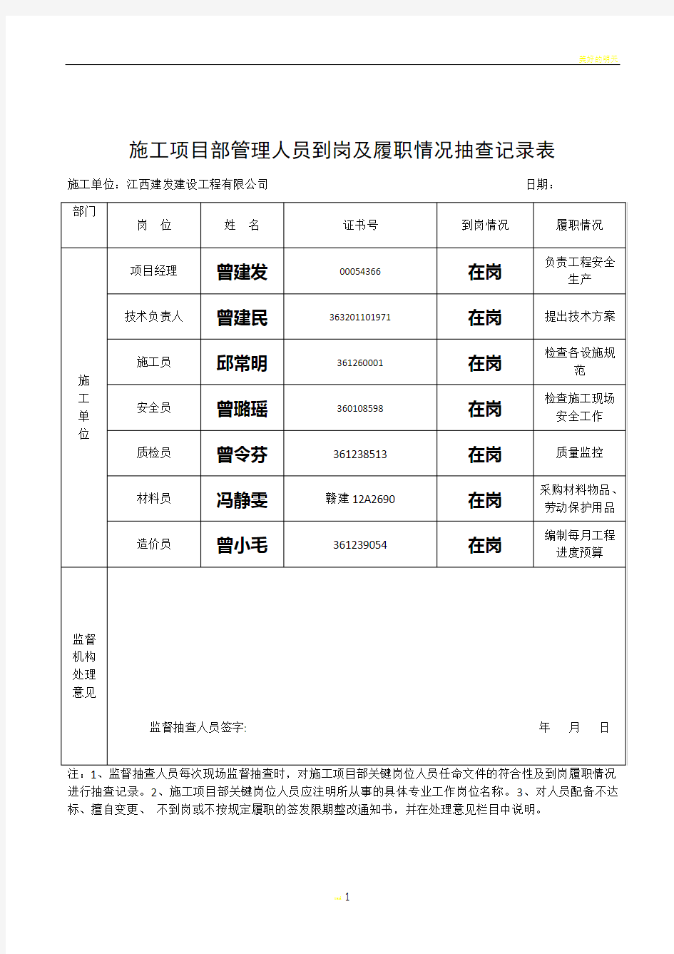 施工单位项目管理人员到岗及履职情况