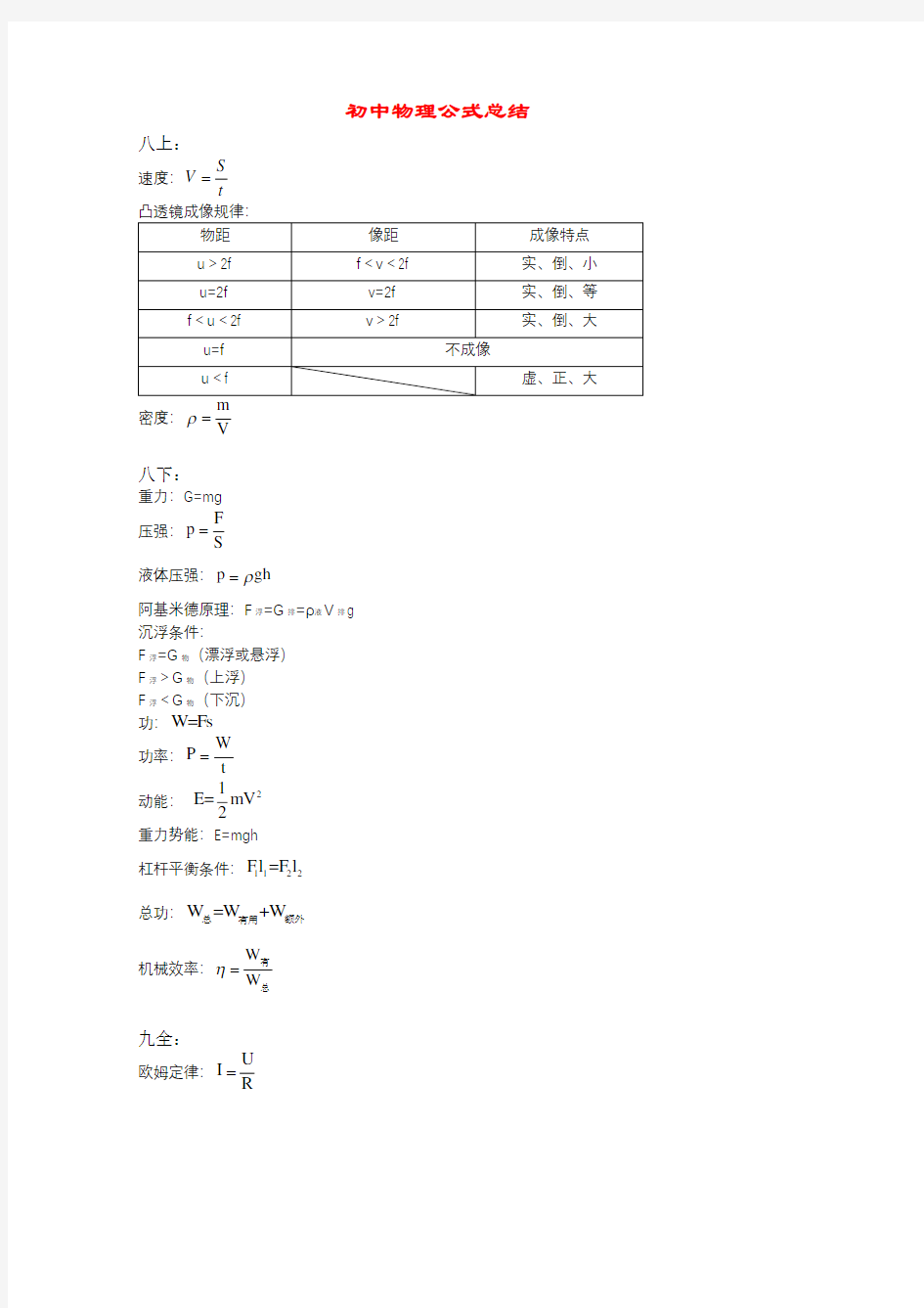 初中物理公式总结(精简版)