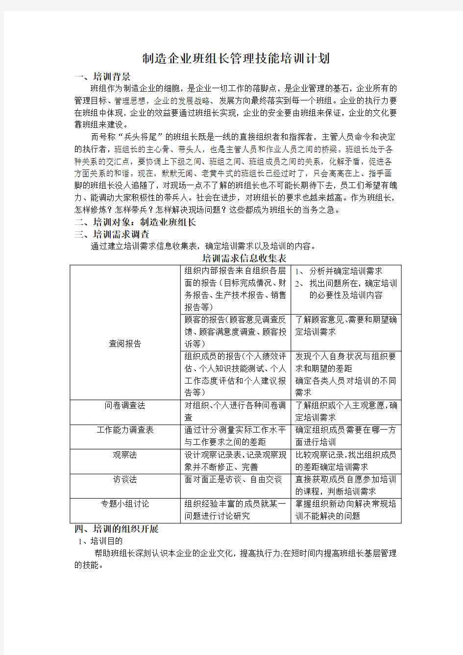 制造企业班组长管理技能培训计划.doc