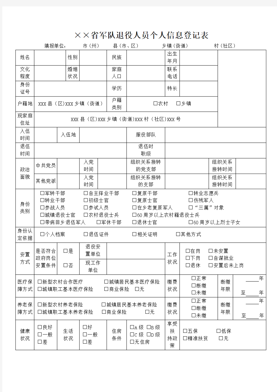 军队退役人员个人信息登记表