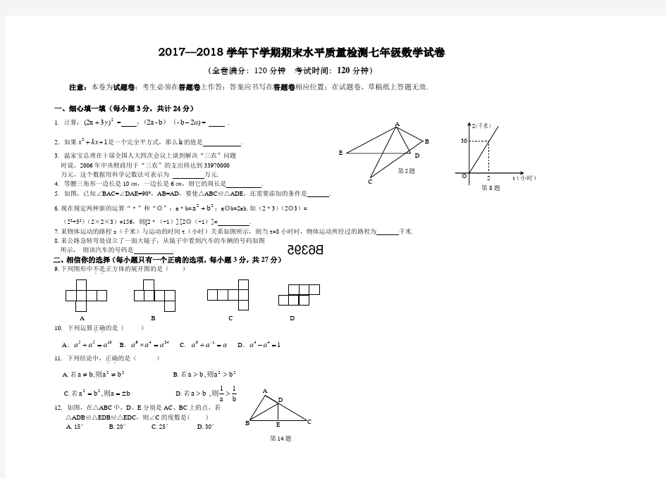 2017—2018学年下学期期末水平质量检测七年级数学试卷