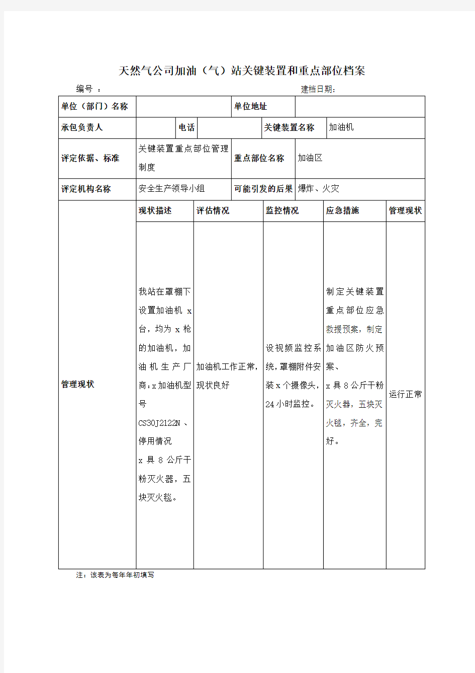 天然气公司加油(气)站关键装置和重点部位档案