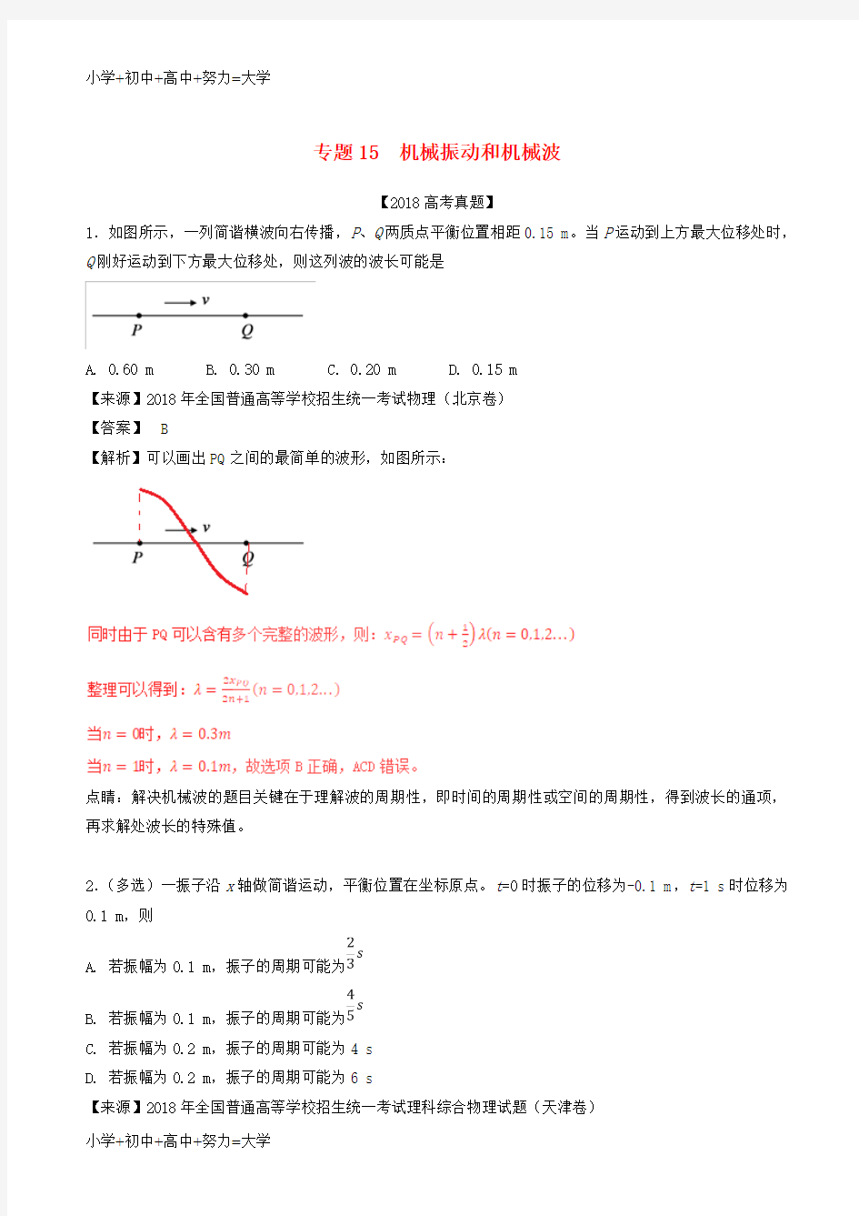 配套K12三年高考(2016-2018)高考物理试题分项版解析 专题15 机械振动和机械波(含解析)