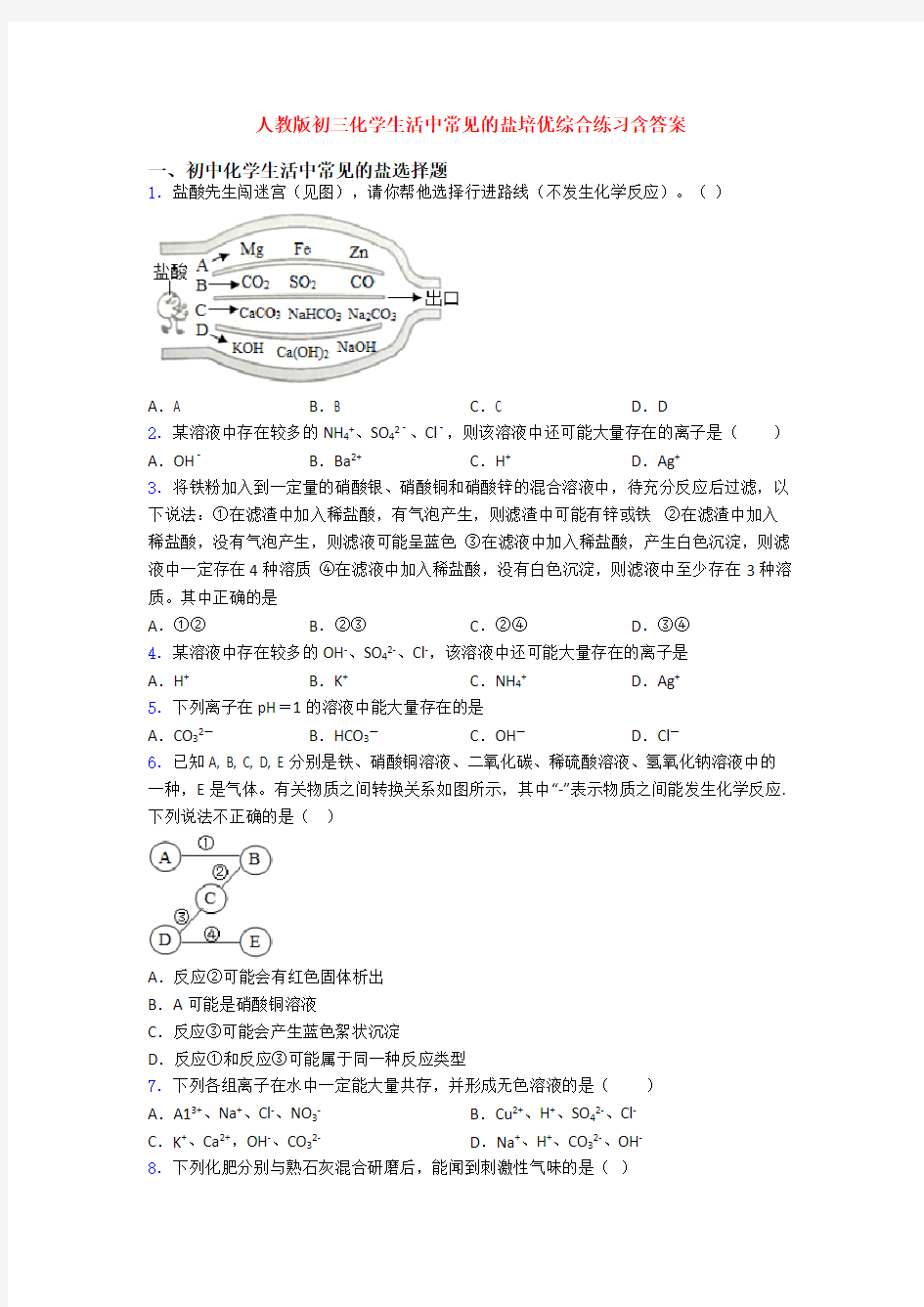 人教版初三化学生活中常见的盐培优综合练习含答案