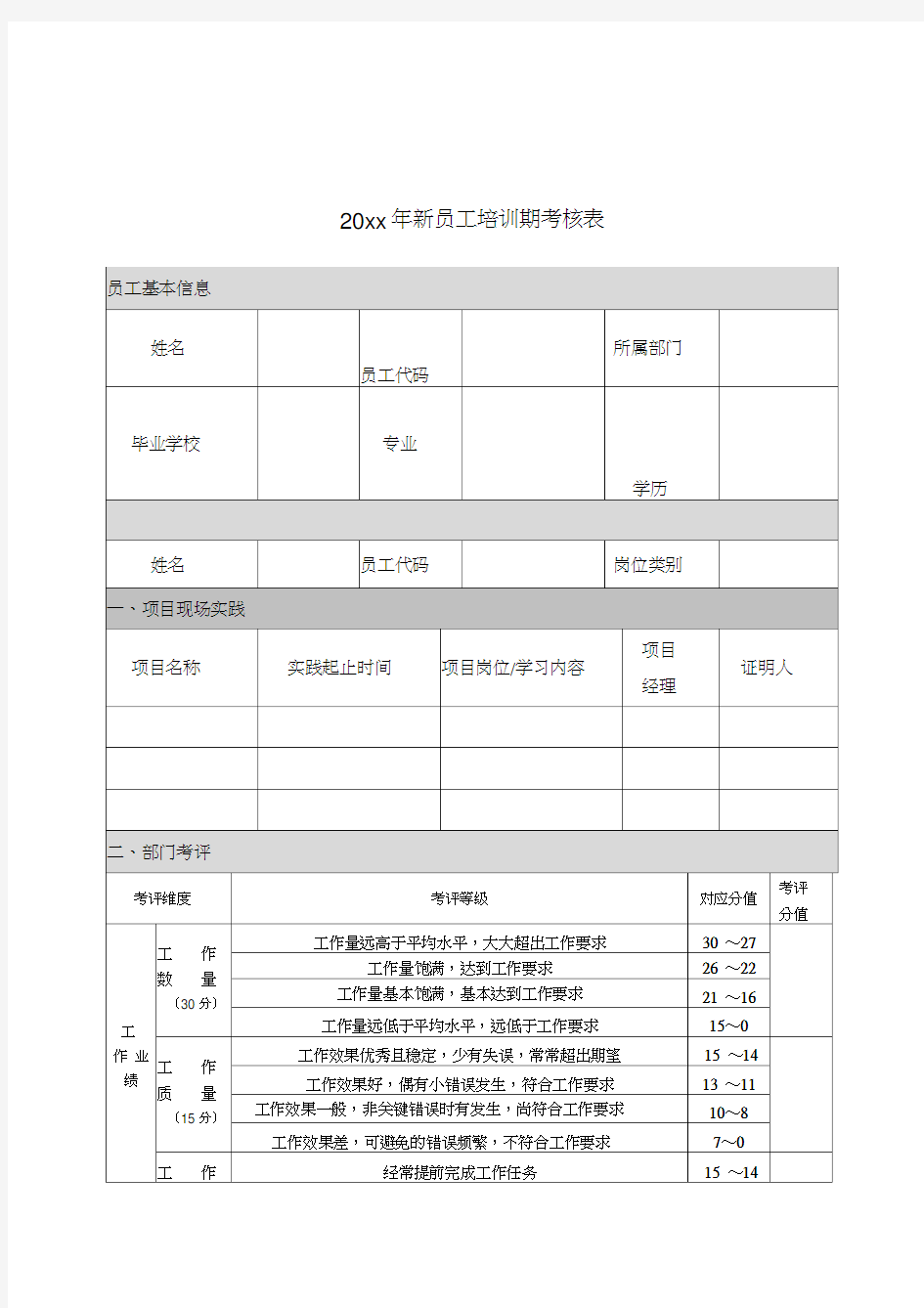 最新新员工培训期考核表