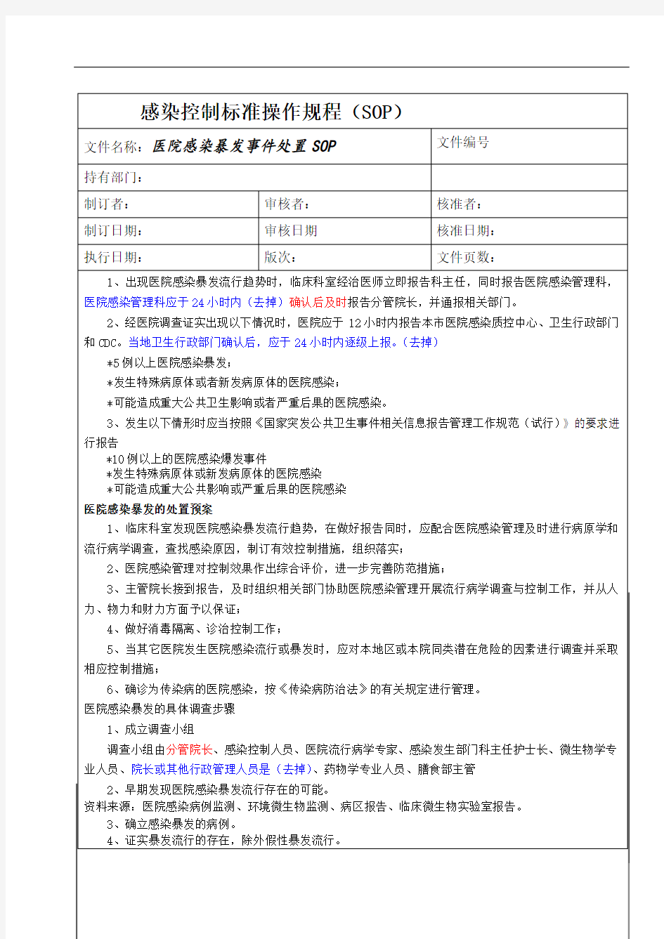 医院感染暴发事件处置标准操作规程