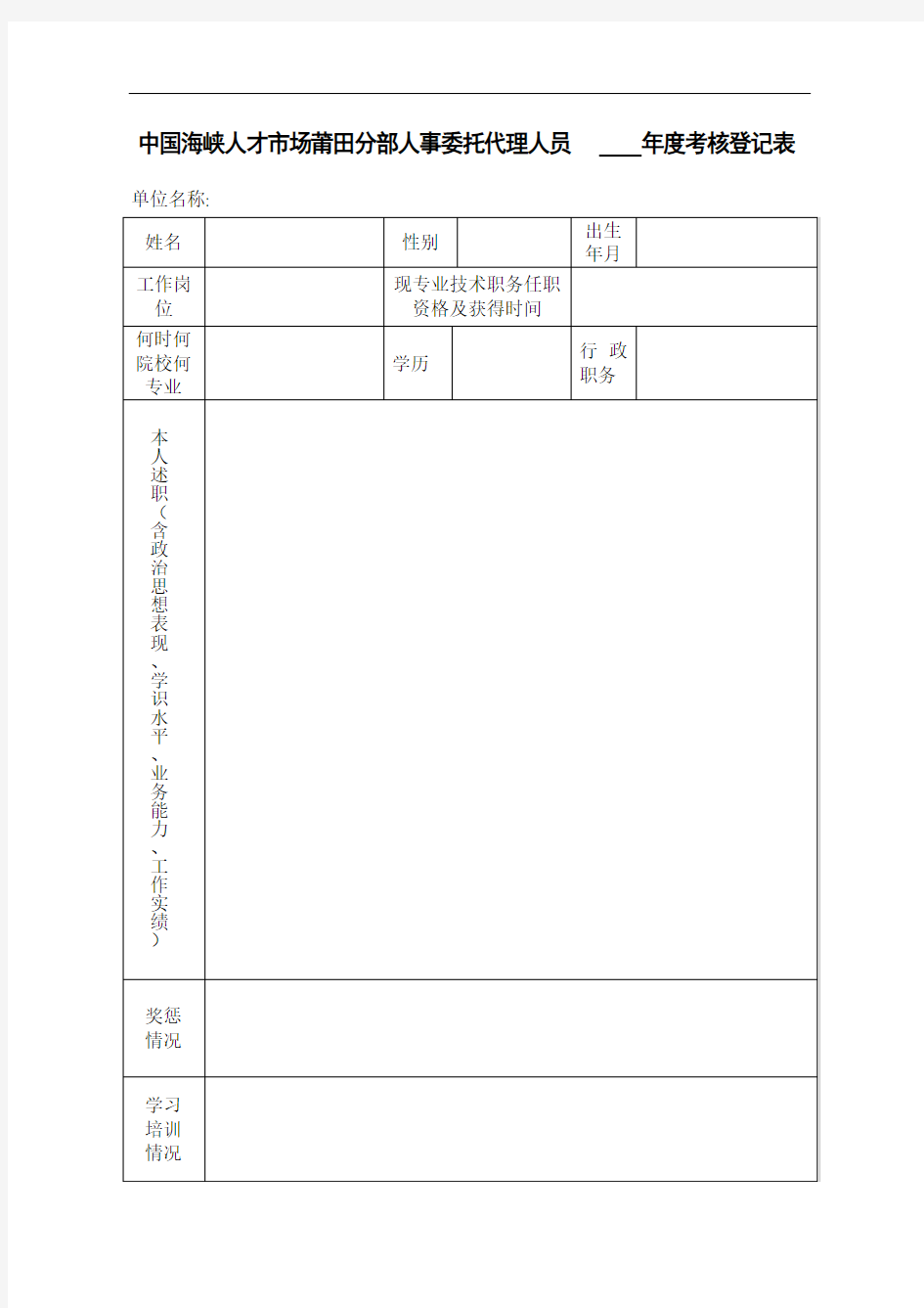 中国海峡人才市场莆田分部人事委托代理人员年度考核登记表