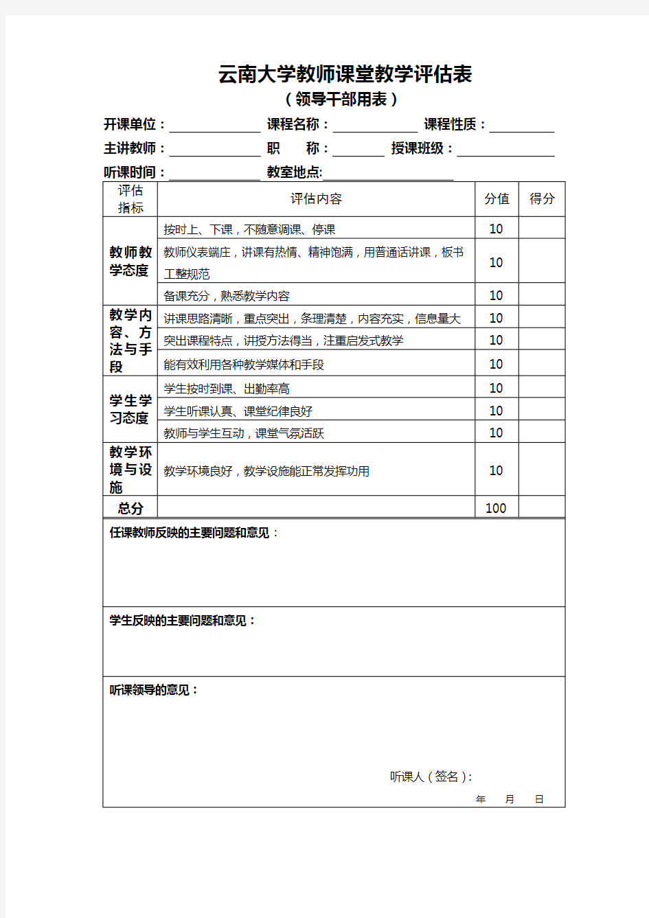 云南大学教师课堂教学评价表