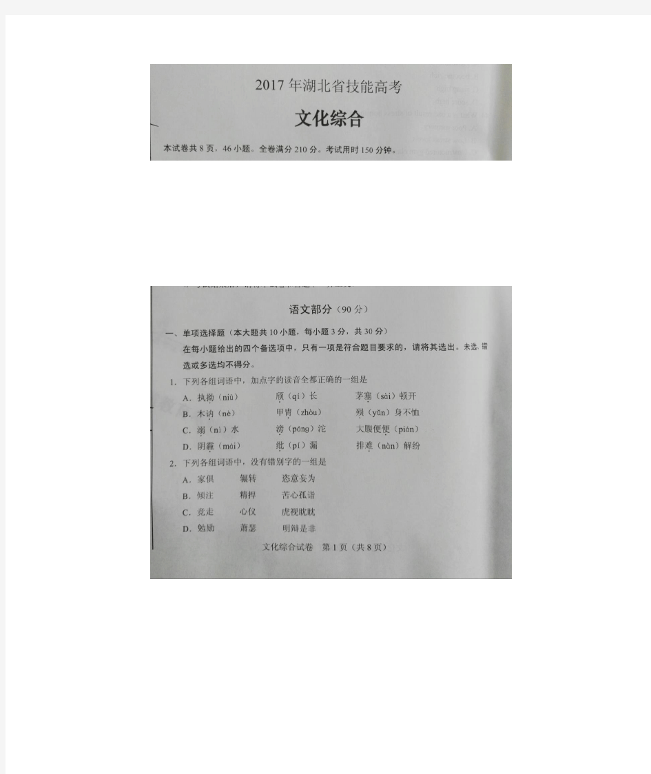 2017年湖北省技能高考文化综合试卷