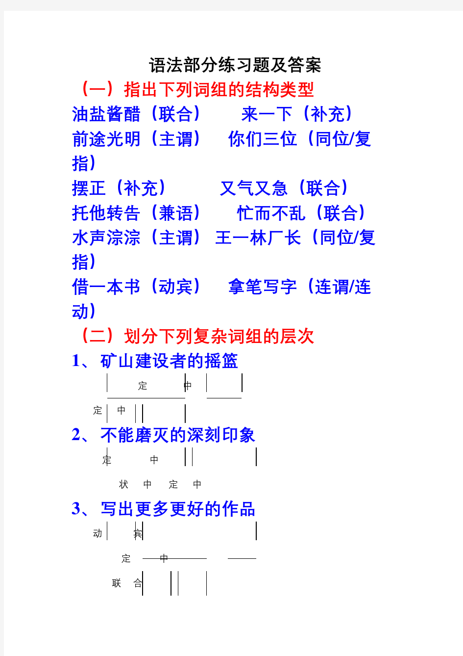 现代汉语语法部分练习题及答案