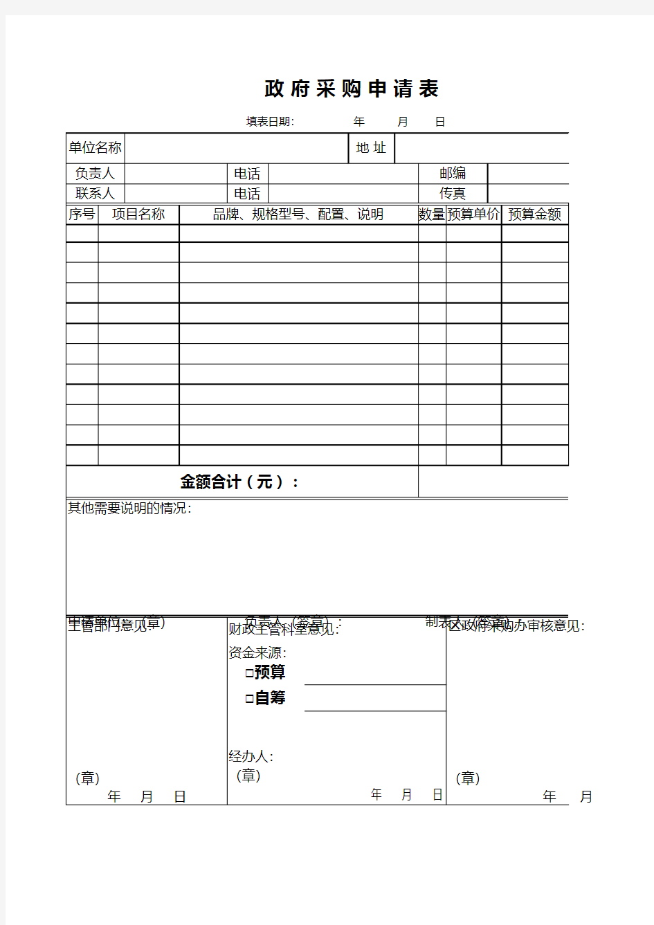 政府机关采购申请表模板