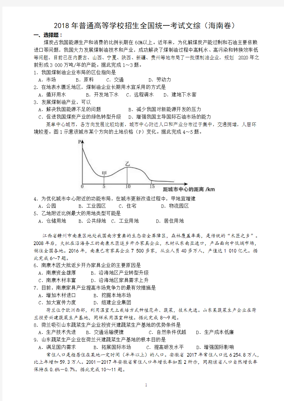 2018年普通高等学校招生全国统一考试文综(海南卷)