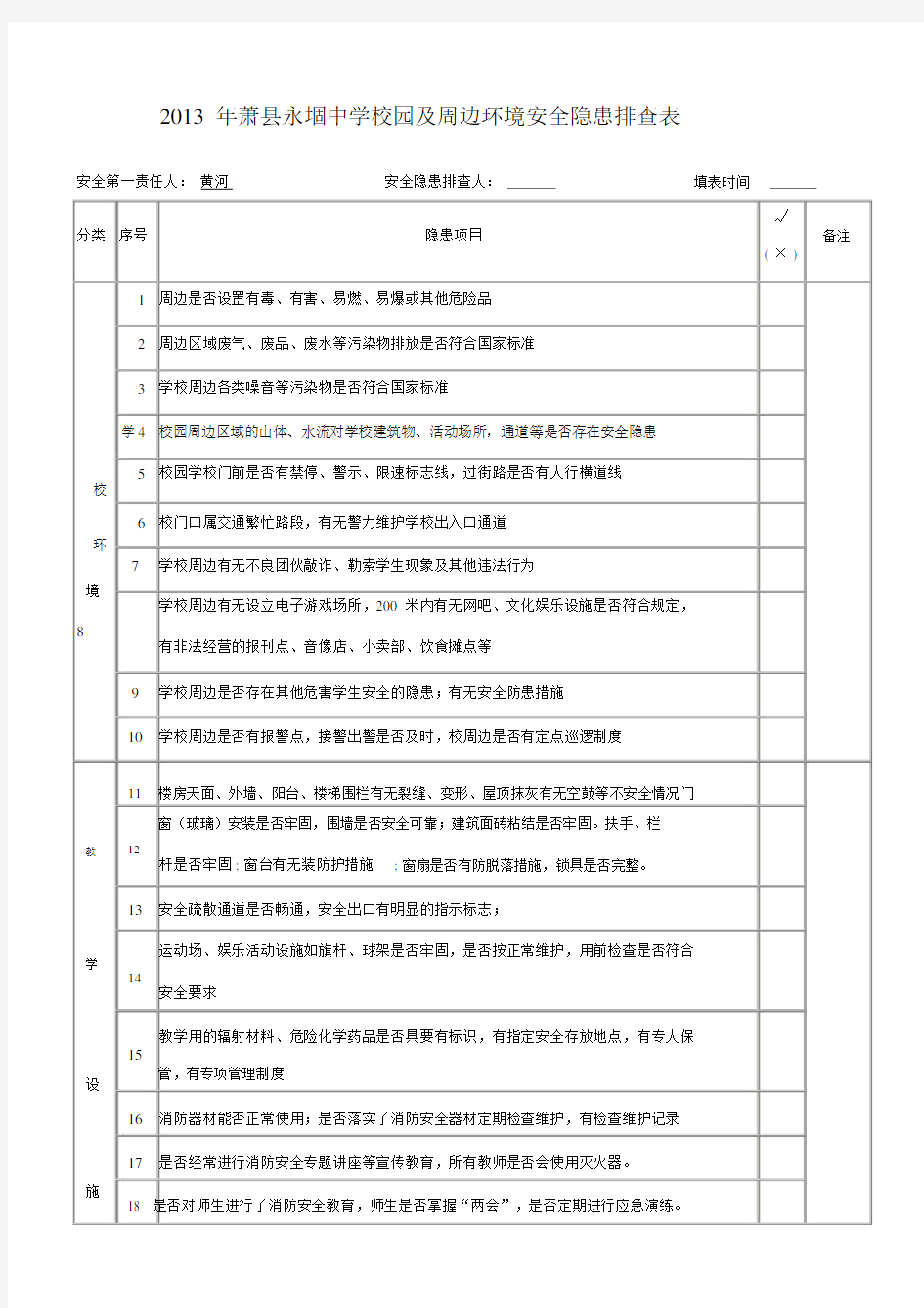 学校校园安全隐患与周边环境排查表