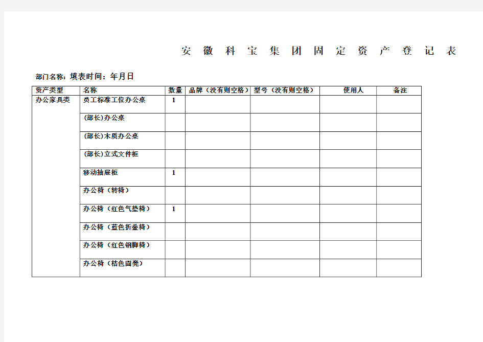 《公司固定资产登记表》