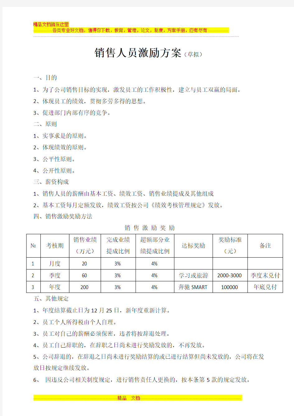 销售激励方案(草案)