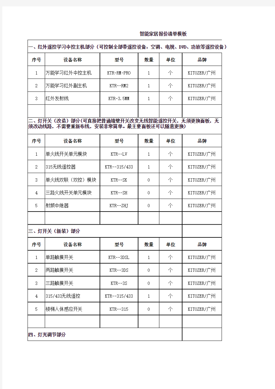 智能家居报价配置清单