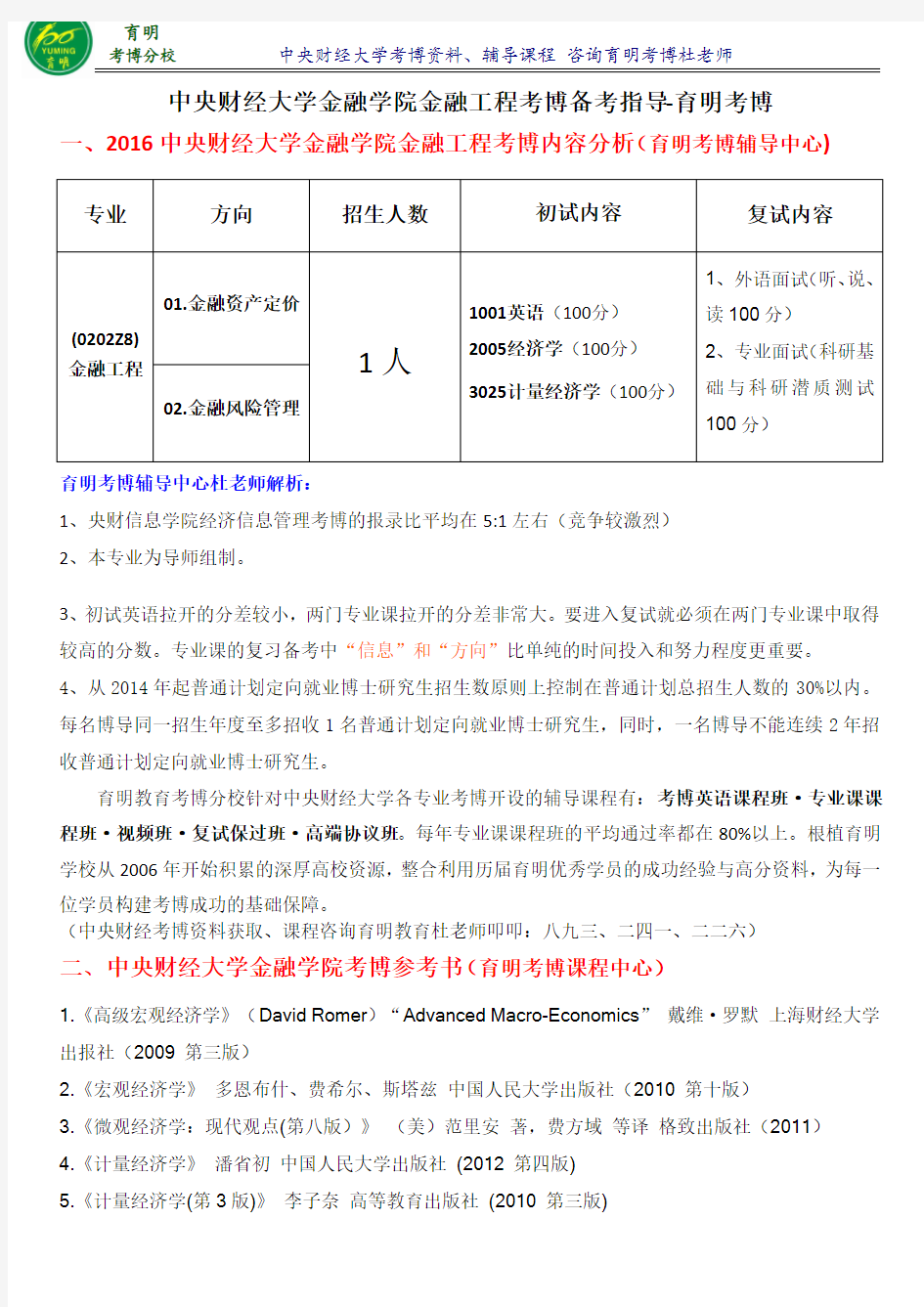 央财金融学院金融工程专业考博历年分数线考试难点重点-育明考研考博