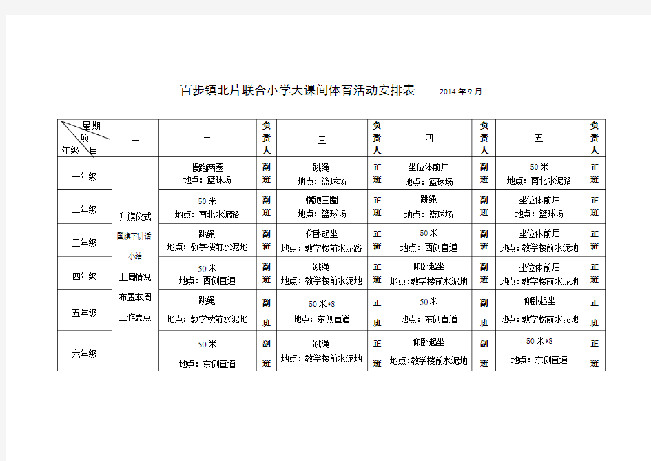 联合小学大课间体育活动安排表