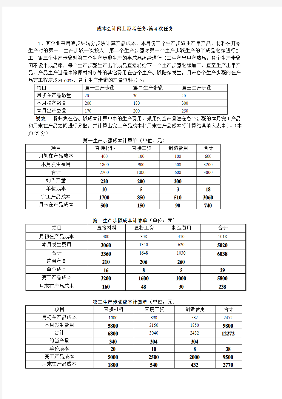 成本会计网上形考任务-第4次任务 任务答案