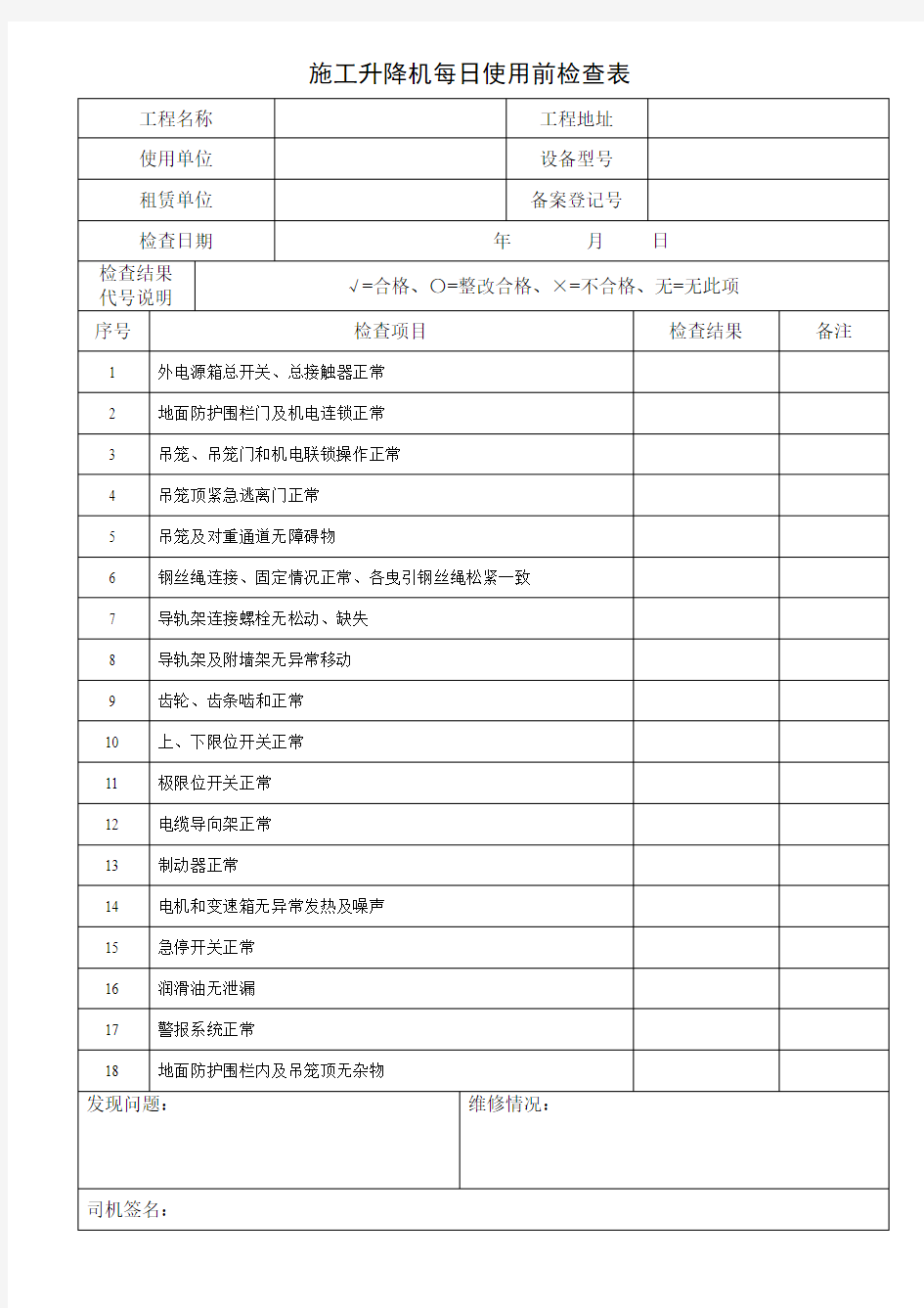 施工升降机每日使用前检查表