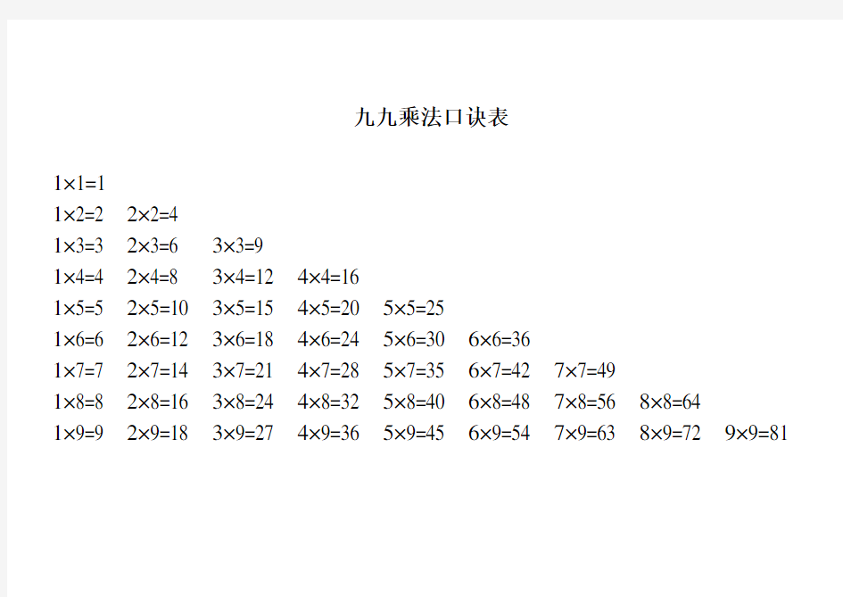 九九乘法口诀表和乘法口诀练习题