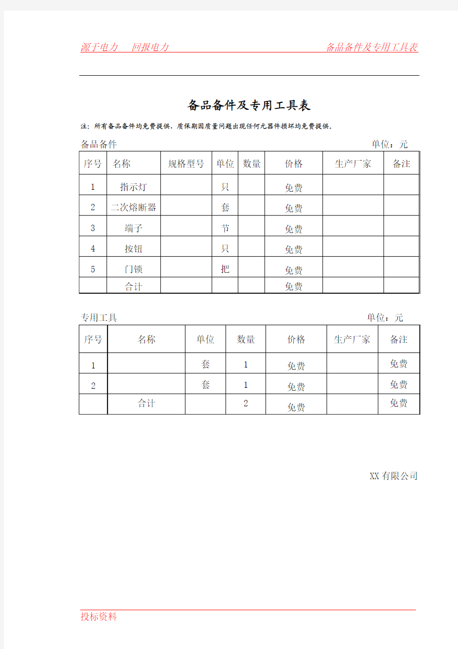 备品备件及专用工具