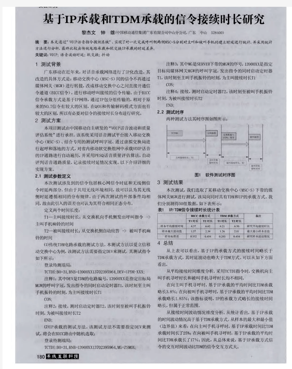 基于IP承载和TDM承载的信令接续时长研究