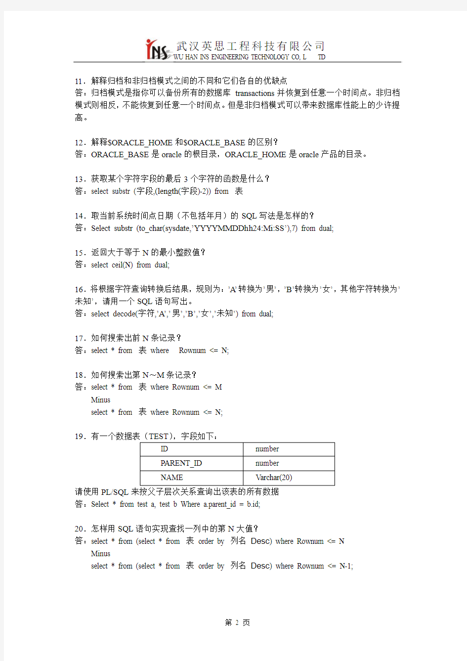 ORACLE面试测试题目