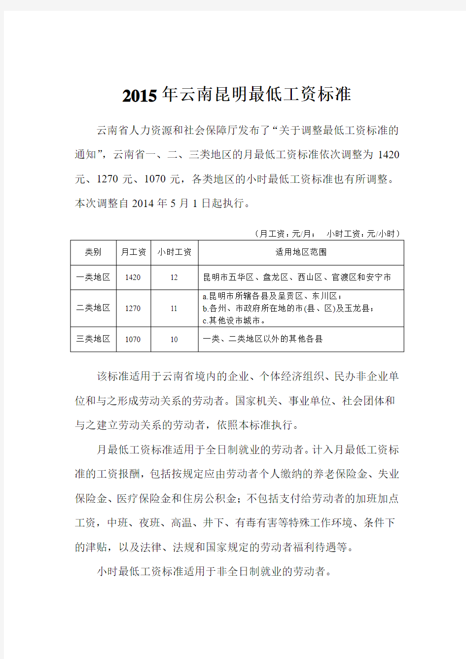 2015年云南昆明最低工资标准