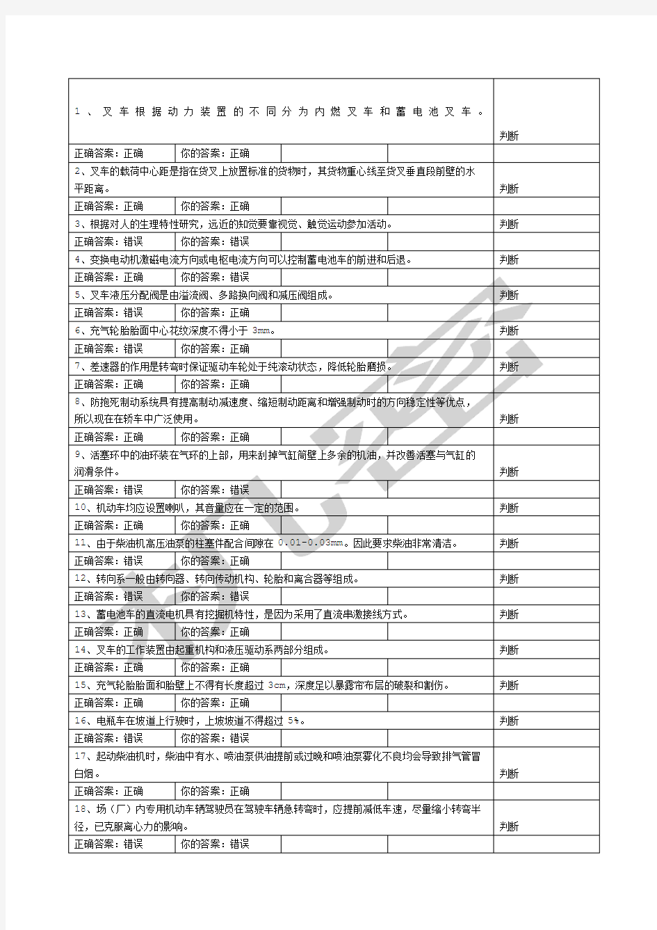 厂内叉车理论考试试题