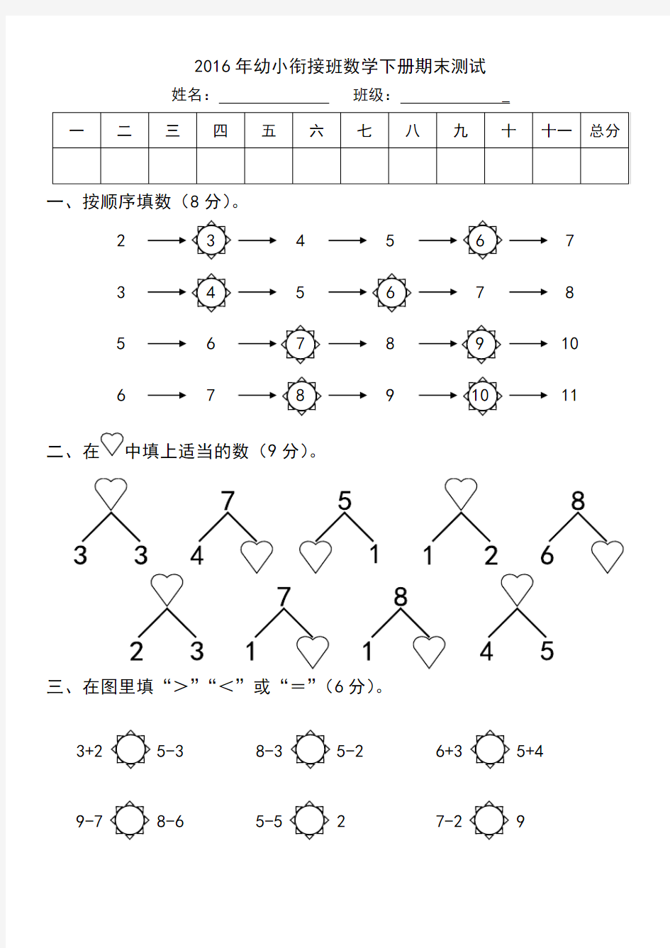 2016年学前班数学试卷(下册期末)