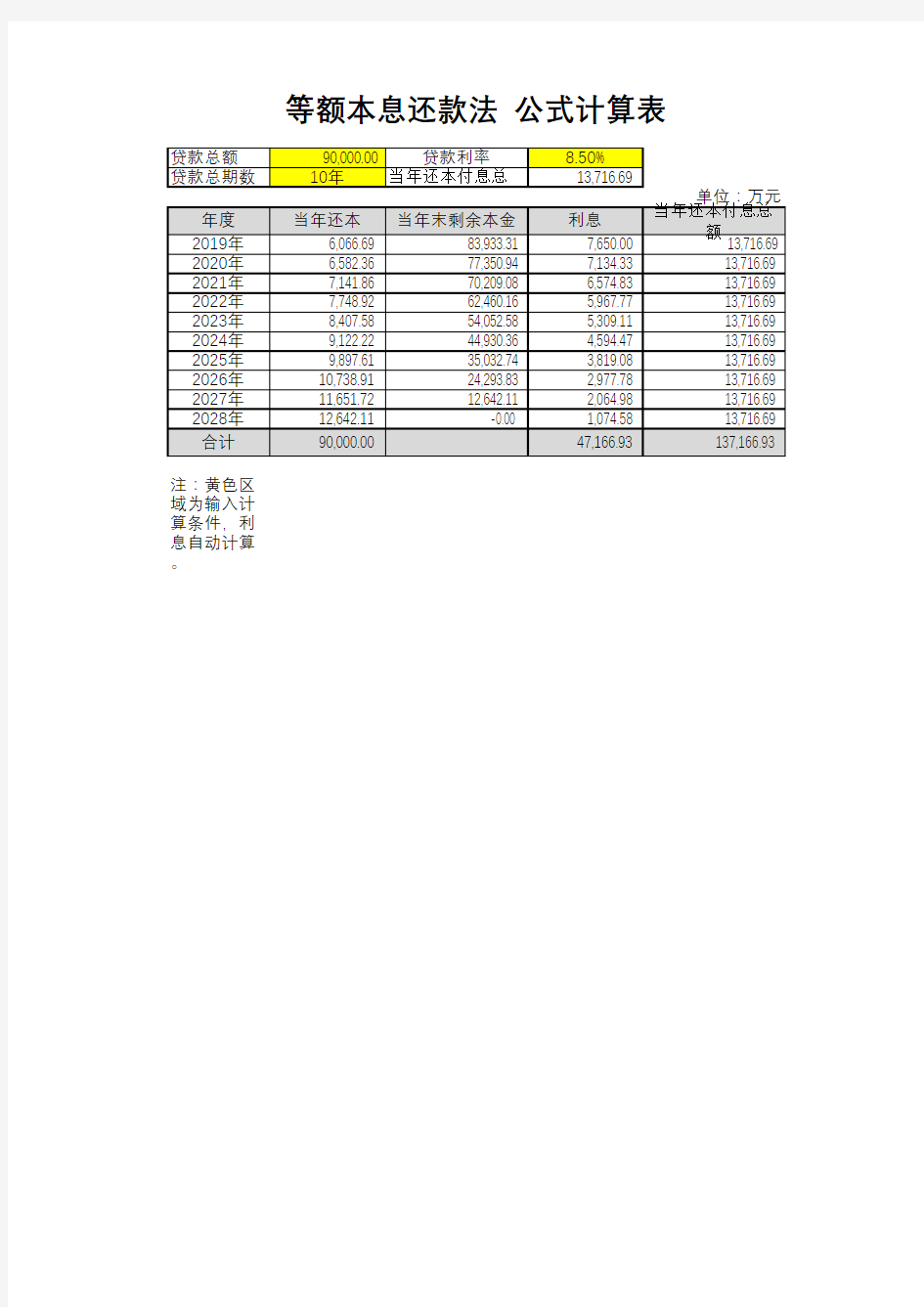 等额本息还款法(自动计算利息表)