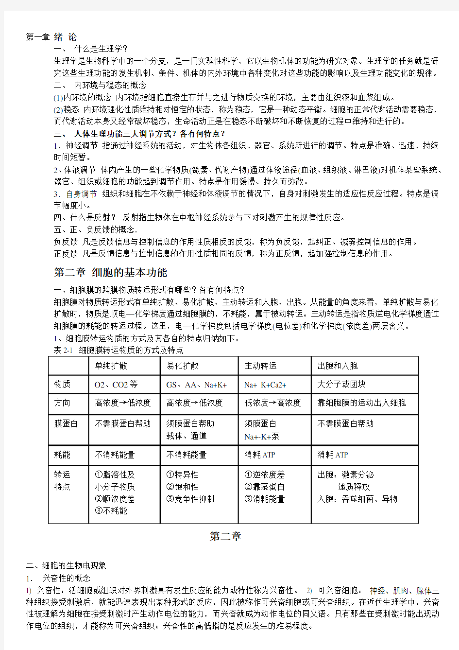 专升本生理学重点总结