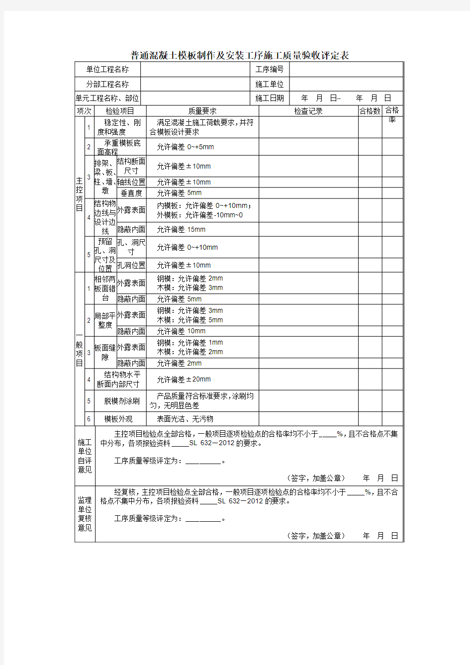 普通混凝土模板制作及安装工序施工质量验收评定表